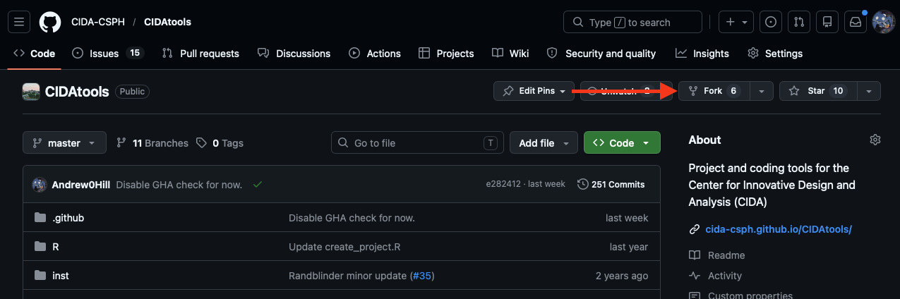 Image showing the location of the 'fork' button on a GitHub repository page